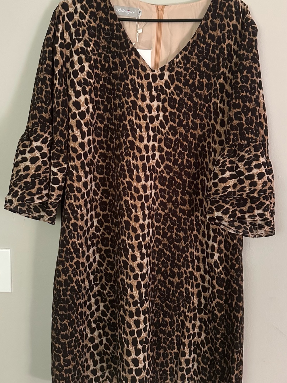 Leopard Print V-Neck Midi Dress in Brown